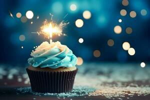 Photo birthday cupcake with candel sparkle background generative ai