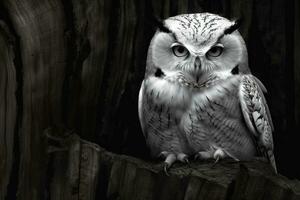 Free White and black owl on tree trunk Generative AI photo