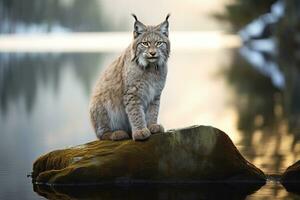 Beautiful bobcat lynx in autmn forest with blurred background photo