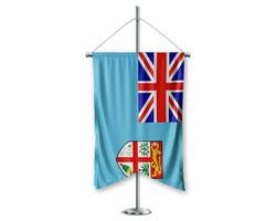 Fiji  up pennants 3D flags on pole stand support pedestal realistic set and white background. - Image photo