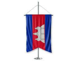 Cambodia up pennants 3D flags on pole stand support pedestal realistic set and white background. - Image photo