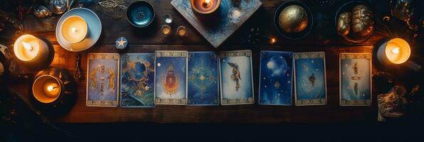 mystical ritual with candles and tarot cards, top view. AI generated photo