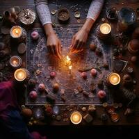 mystical ritual with candles and magic stones, top view. AI generated photo