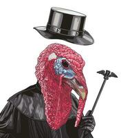 A stylish turkey adorned in a top hat and gracefully gripping a cane. vector