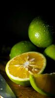 Orange fruit with green peel, half part, and slice with dark mood photography. Vertical, portrait, mobile phone wallpaper photo
