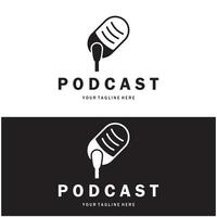 podcast logo with microphone and earphone audio, radio waves. for studio, talk show, chat, information sharing, interview, multimedia and web. vector