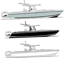 High-quality line drawing vector fishing boat. Black, white, and color illustration.