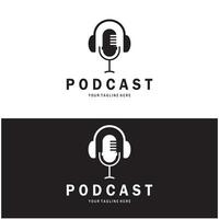 podcast logo with microphone and earphone audio, radio waves. for studio, talk show, chat, information sharing, interview, multimedia and web. vector