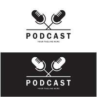 podcast logo with microphone and earphone audio, radio waves. for studio, talk show, chat, information sharing, interview, multimedia and web. vector