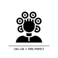 2d píxel Perfecto mujer con rodillos en cabeza glifo estilo icono, aislado vector, cuidado del cabello sencillo negro silueta ilustración. vector