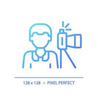 2D pixel perfect gradient photojournalist icon, isolated vector, thin line blue illustration representing journalism. vector