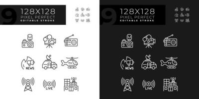 Pixel perfect dark and light icons representing journalism, editable thin line illustration set. vector