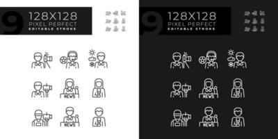 Pixel perfect icons set representing journalism, editable dark and light thin line illustration. vector