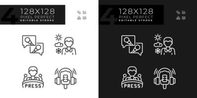 2D pixel perfect dark and light icons set representing journalism, editable thin linear illustration. vector