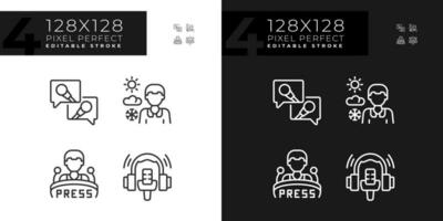 2D pixel perfect dark and light icons set representing journalism, editable thin linear illustration. vector