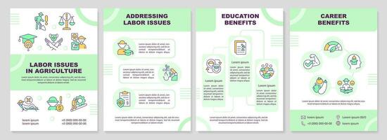 Labour issues in agriculture brochure template. Farm industry. Leaflet design with linear icons. Editable 4 vector layouts for presentation, annual reports