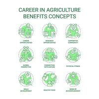 Career in agriculture benefits green color concept icons. Job opportunity. Farm worker. Rural development. Food production. Icon pack. Vector images. Round shape illustrations. Abstract idea