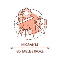 migrantes rojo concepto icono. cosecha cultivo. agrícola obrero. pobre trabajando condiciones. manual mano de obra. difícil trabajar. redondo forma línea ilustración. resumen idea. gráfico diseño. fácil a utilizar vector