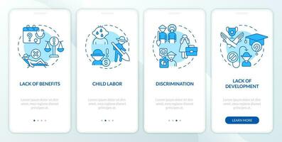 Labour problems in agriculture blue onboarding mobile app screen. Farm work walkthrough 4 steps editable graphic instructions with linear concepts. GUI template vector