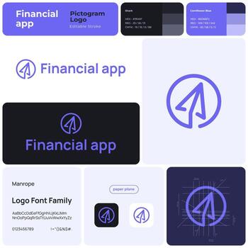Financial app blue line business logo with brand name. Paper plane icon. Creative design element and visual identity. Template with manrope font. Suitable for finance and investment app. vector