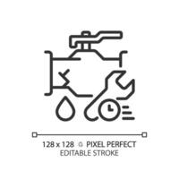 2D pixel perfect editable black pipe leakage with time and wrench icon, isolated vector, thin line illustration representing plumbing. vector