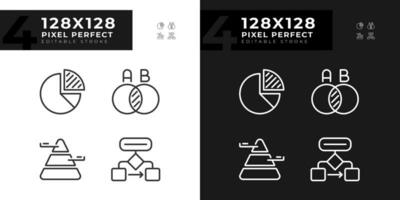 Data presentation linear icons set for dark, light mode. Charts and diagrams. Marketing report. Business decision. Thin line symbols for night, day theme. Isolated illustrations. Editable stroke vector