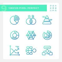 Chart and diagram gradient linear vector icons set. Data display. Business statistics. Project management. Thin line contour symbol designs bundle. Isolated outline illustrations collection