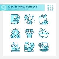 2D pixel perfect blue icons set representing meditation, editable thin line wellness illustration. vector