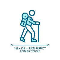 2D pixel perfect editable blue hiking icon, isolated vector, thin line illustration. vector