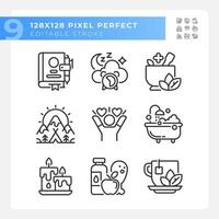 2D pixel perfect black icons set representing meditation, editable thin line wellness illustration. vector