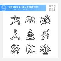 Pixel perfect black icons representing meditation, editable thin line wellness illustration set. vector