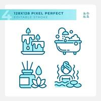 2D blue icons set representing meditation, editable thin linear wellness illustration. vector