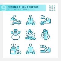 Pixel perfect icons set representing meditation, editable blue thin line wellness illustration. vector