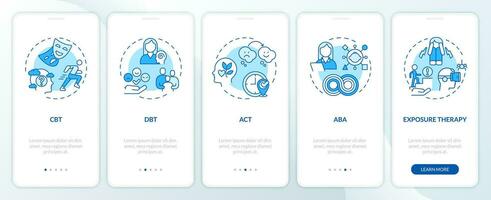 2D icons representing behavioral therapy mobile app screen set. Walkthrough 5 steps blue graphic instructions with linear icons concept, UI, UX, GUI template. vector