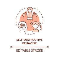 2D editable self destructive behavior red thin line icon concept, isolated vector, monochromatic illustration representing behavioral therapy. vector