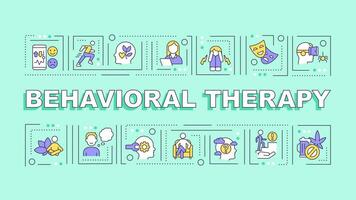 Behavioral therapy text with various thin linear icons concept on green monochromatic background, editable 2D vector illustration.