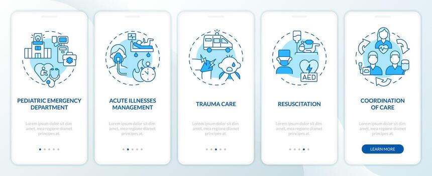 Pediatric emergency blue onboarding mobile app screen. Child hospital walkthrough 5 steps editable graphic instructions with linear concepts. UI, UX, GUI template vector