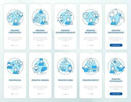 Pediatric care blue onboarding mobile app screen set. Baby doctor walkthrough 5 steps editable graphic instructions with linear concepts. UI, UX, GUI template vector