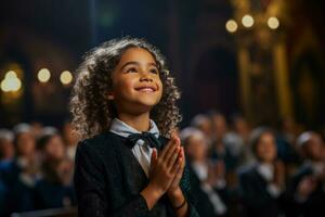 A talented child actor taking a final bow eliciting a standing ovation from the audience photo