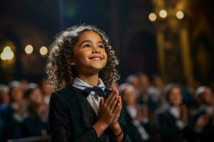 A talented child actor taking a final bow eliciting a standing ovation from the audience photo