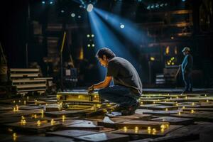A stagehand maneuvering large set pieces behind the scenes with precision photo