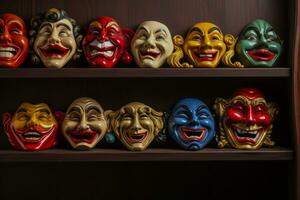 Theater masks on a shelf symbolizing comedy and tragedy photo