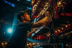 A theater technician adjusting the lighting rig high above the stage photo