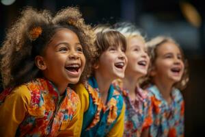 Children of diverse backgrounds uniting on stage to promote inclusivity and celebrate diversity photo