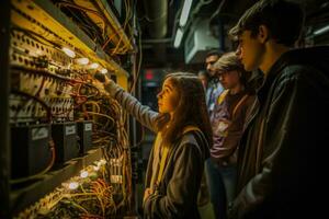 Young theater enthusiasts taking a backstage tour to learn about the production process photo