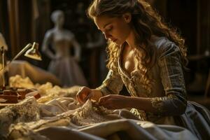 Costume designer meticulously sewing intricate details onto a historical costume photo