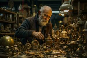 accesorios Maestro meticulosamente arreglando un colección de antiguo accesorios para un período producción foto