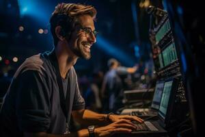 Stage manager communicating cues to the tech crew during a live performance photo