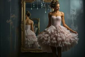 Ballerina in a tutu twirling gracefully in front of a full length mirror photo