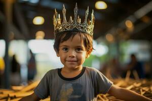 un joven chico vistiendo un improvisado corona inspirado por el actuación él sólo presenciado foto